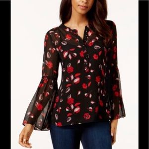 Kensie Black Red Sheer Hi-Low Floral Print Button Top Bell Sleeves
